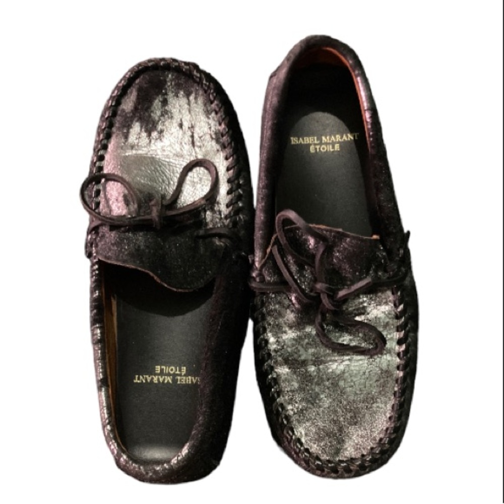 Isabel Marant Fell Pony Hair Black Silver Metallic Moccasin Loafer